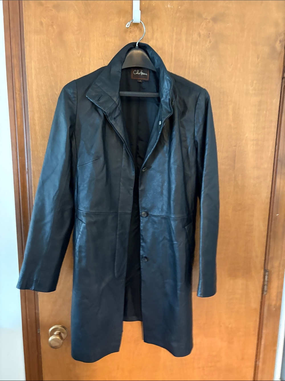 Cole Haan Black Leather Long Trench Coat